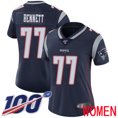 New England Patriots Football #77 100th Limited Navy Blue Women Michael Bennett Home NFL Jersey